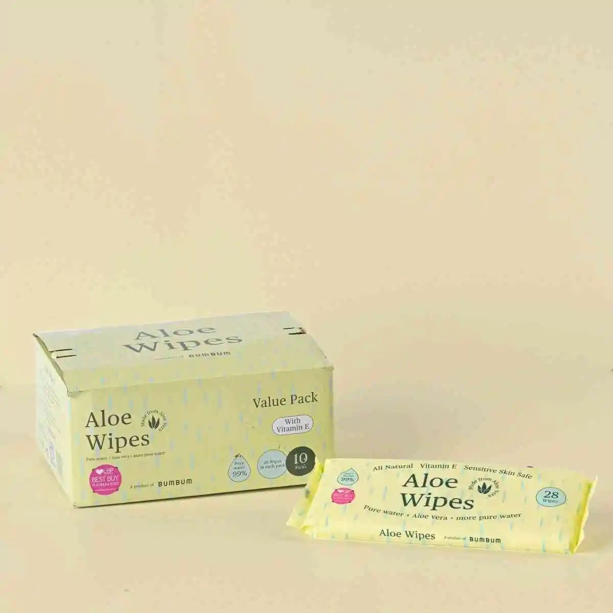 Box and single packet of aloe wipes on a beige background