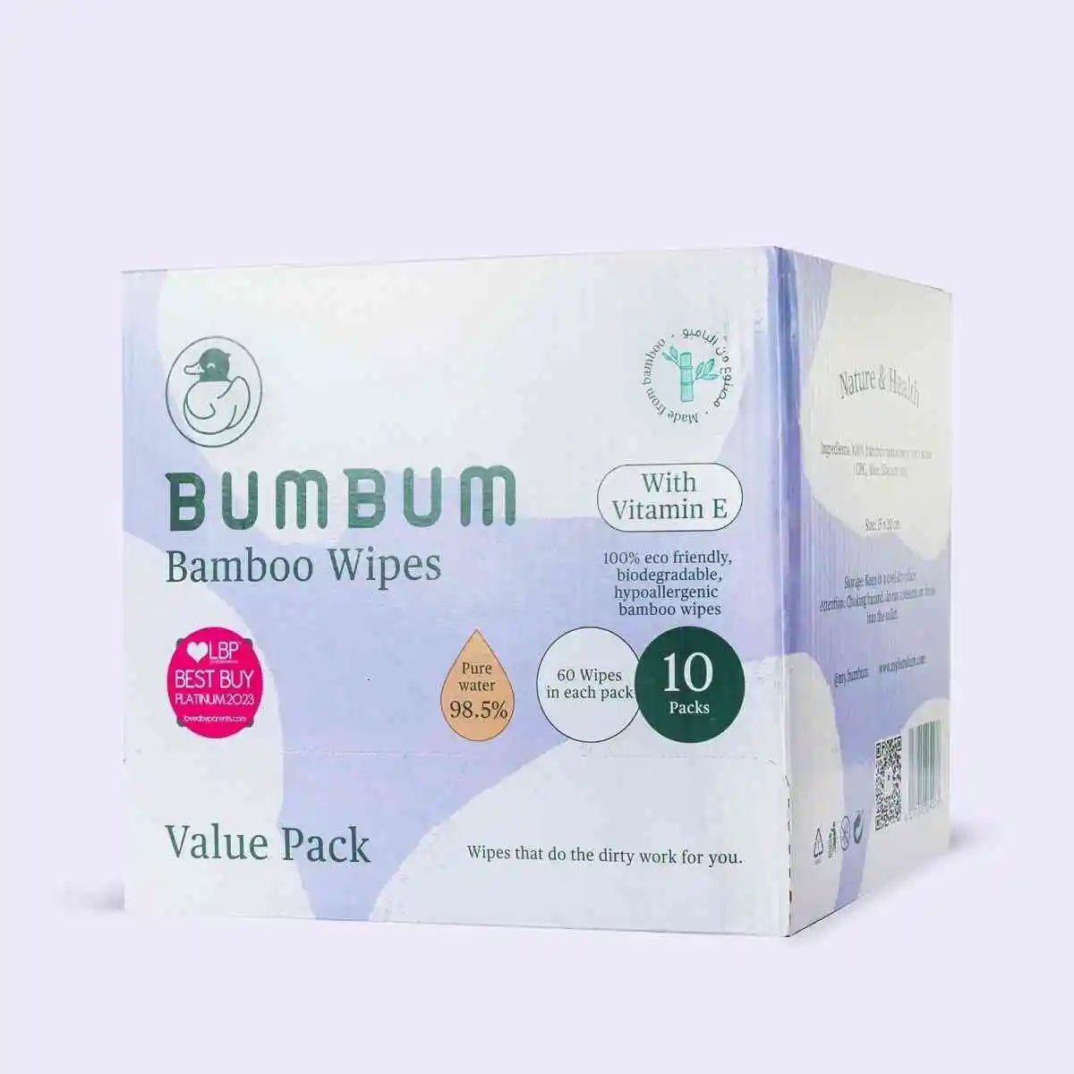 Box of Bumbum Bamboo Wipes with branding and product details on a white background