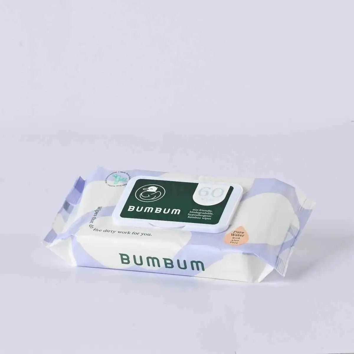 Bumbum baby wipes packaging on a light gray background