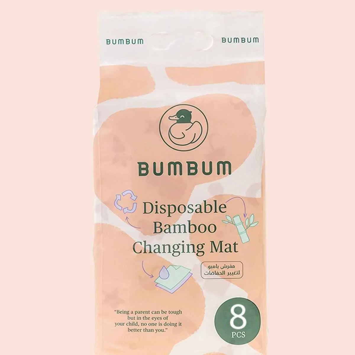 Bumbum disposable bamboo changing mat packaging on a light pink background