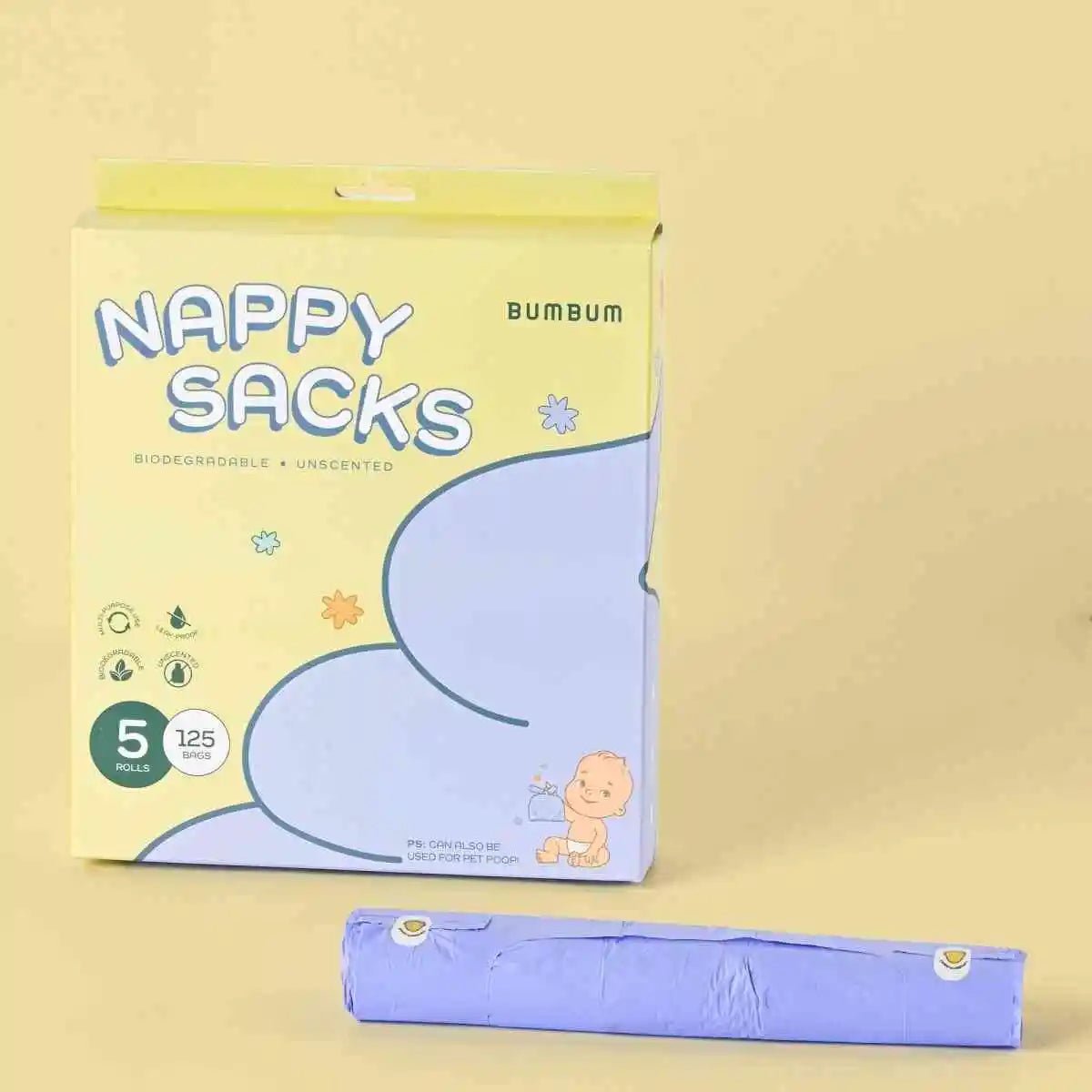 Bumbum nappy sacks packaging with a single roll on a beige background