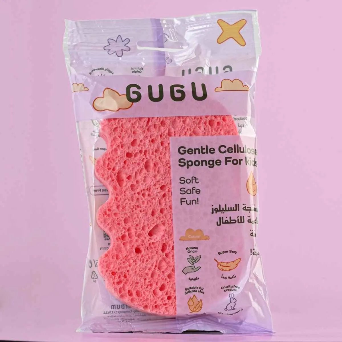 Pink sponge in clear packaging with 'GUGU' branding on a pink background