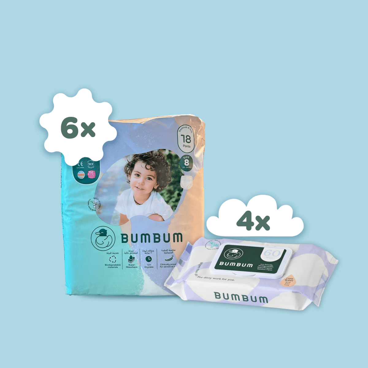 BumBum diaper package with additional wipes on a light blue background