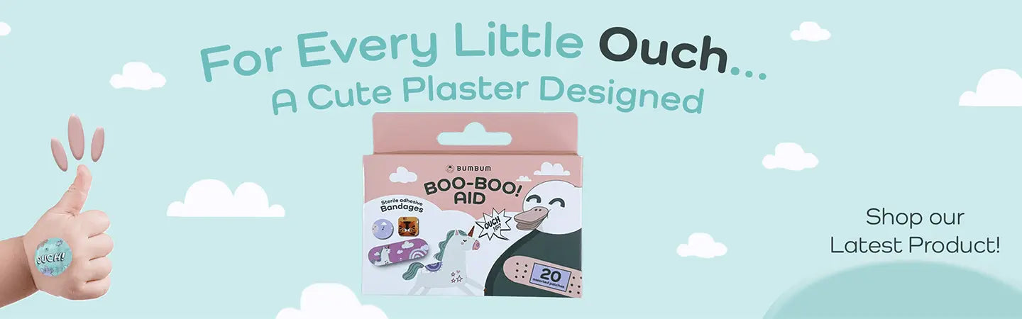 Boo-Boo Aid bandages with a thumbs-up gesture on a light blue background with clouds.