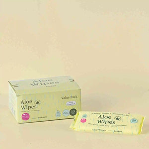 Box and single packet of aloe wipes on a beige background